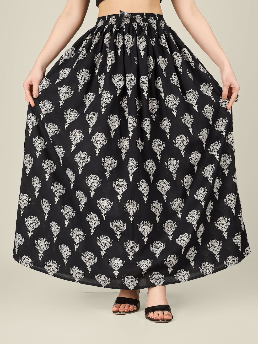 Black Printed Cotton Maxi Skirt