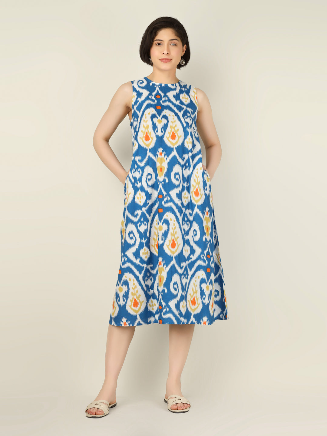 Blue Printed Sleeveless A-Line Cotton Dress