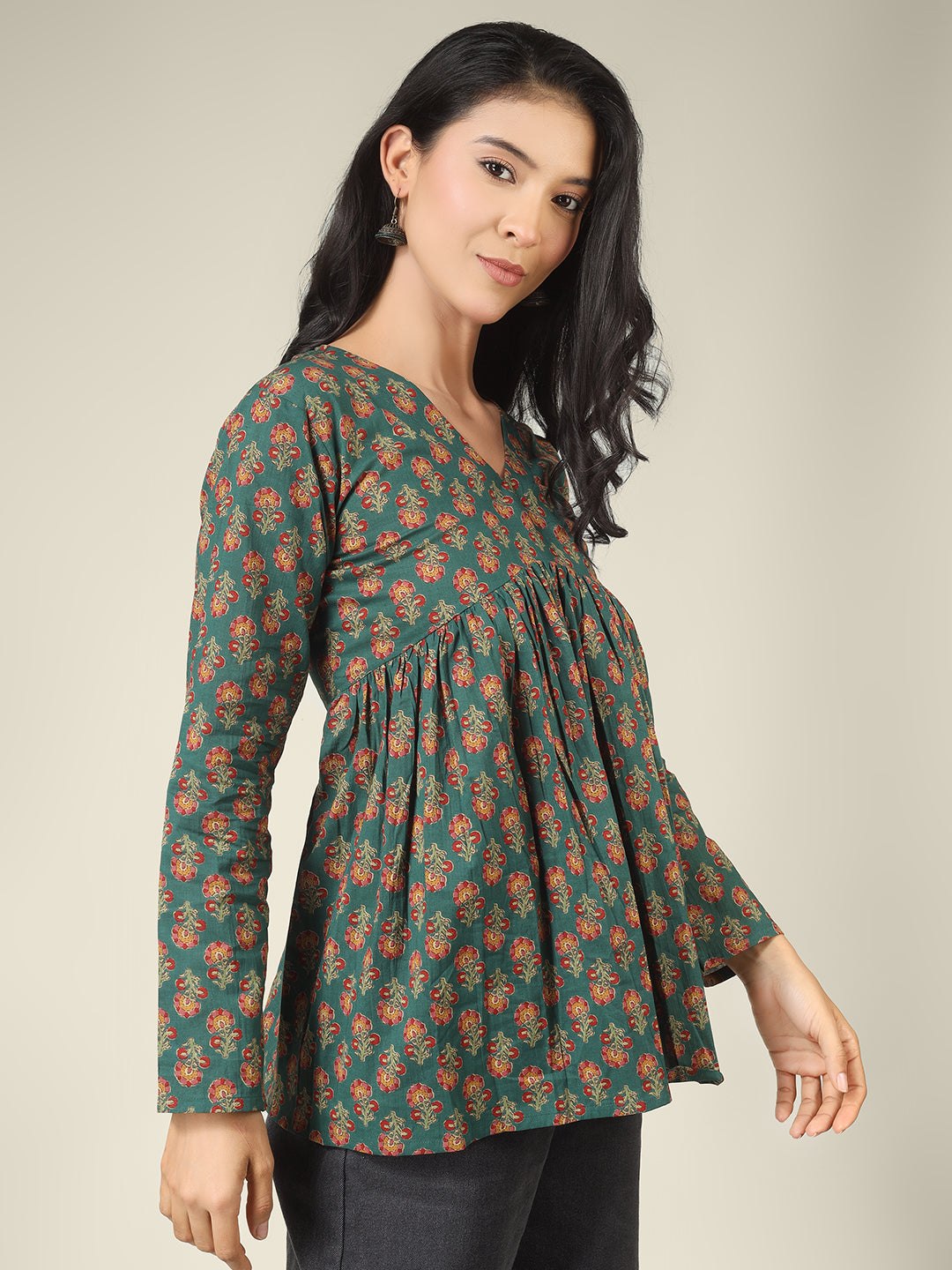 Green Printed Alia-Cut Cotton Peplum Top