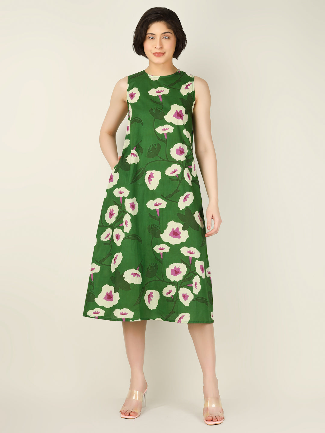 Green Printed Sleeveless A-Line Cotton Dress