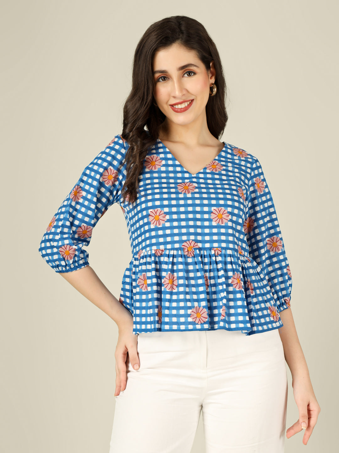 Blue Checked Cotton Peplum Top