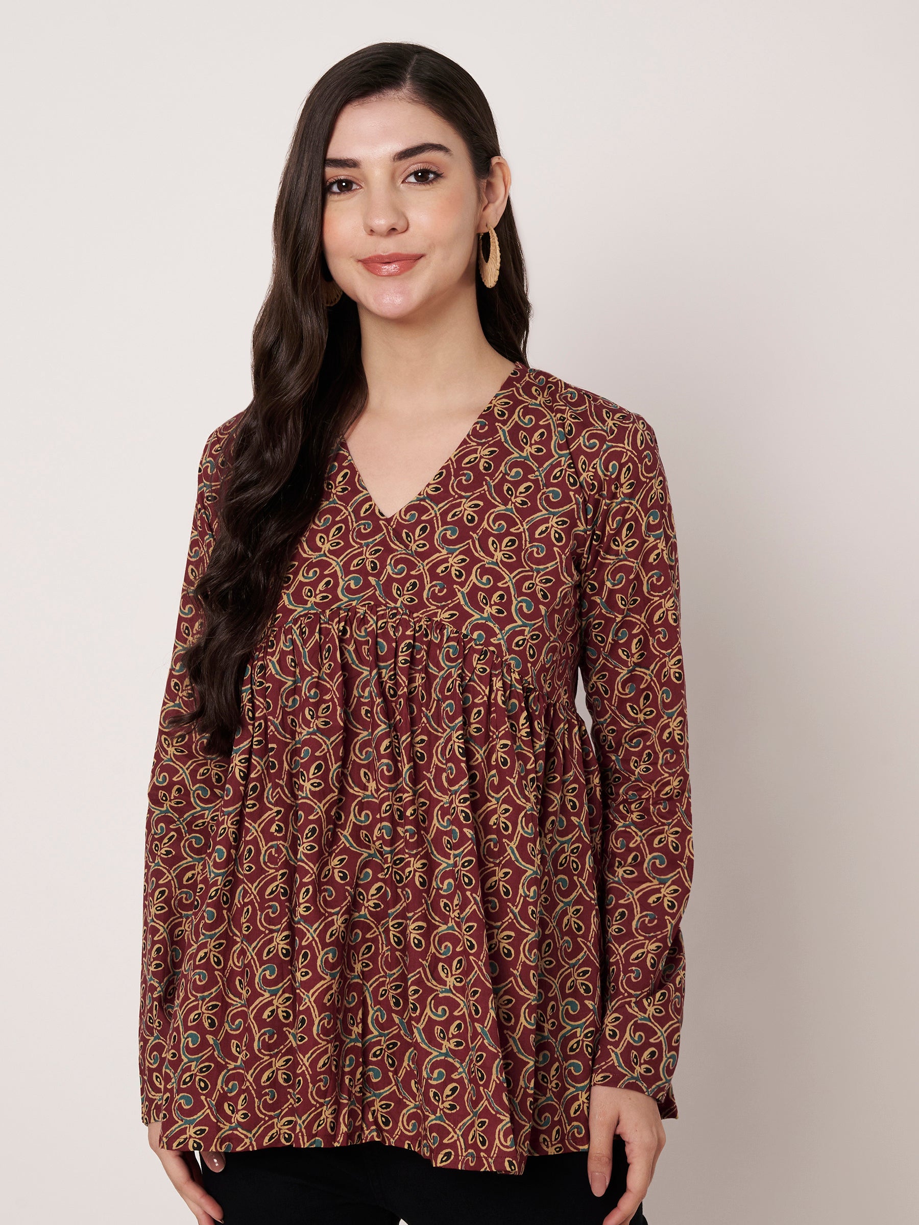 Maroon Printed Alia-Cut Cotton Top
