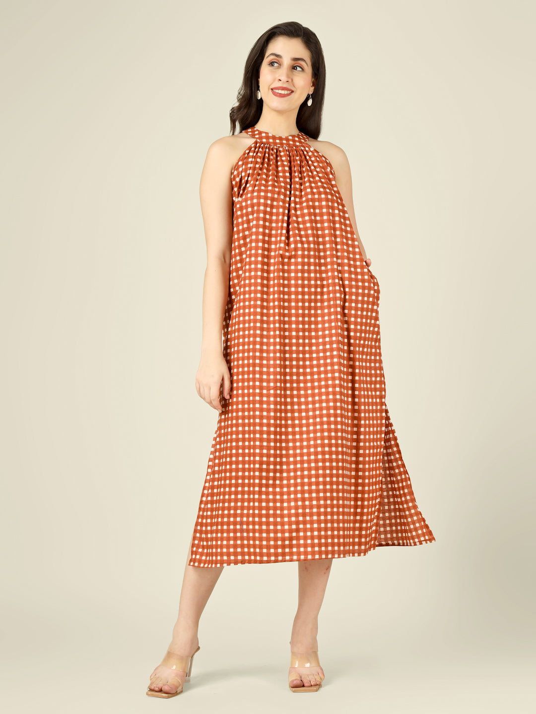 Brown Checked Halter Neck Long Sleeveless Cotton Dress