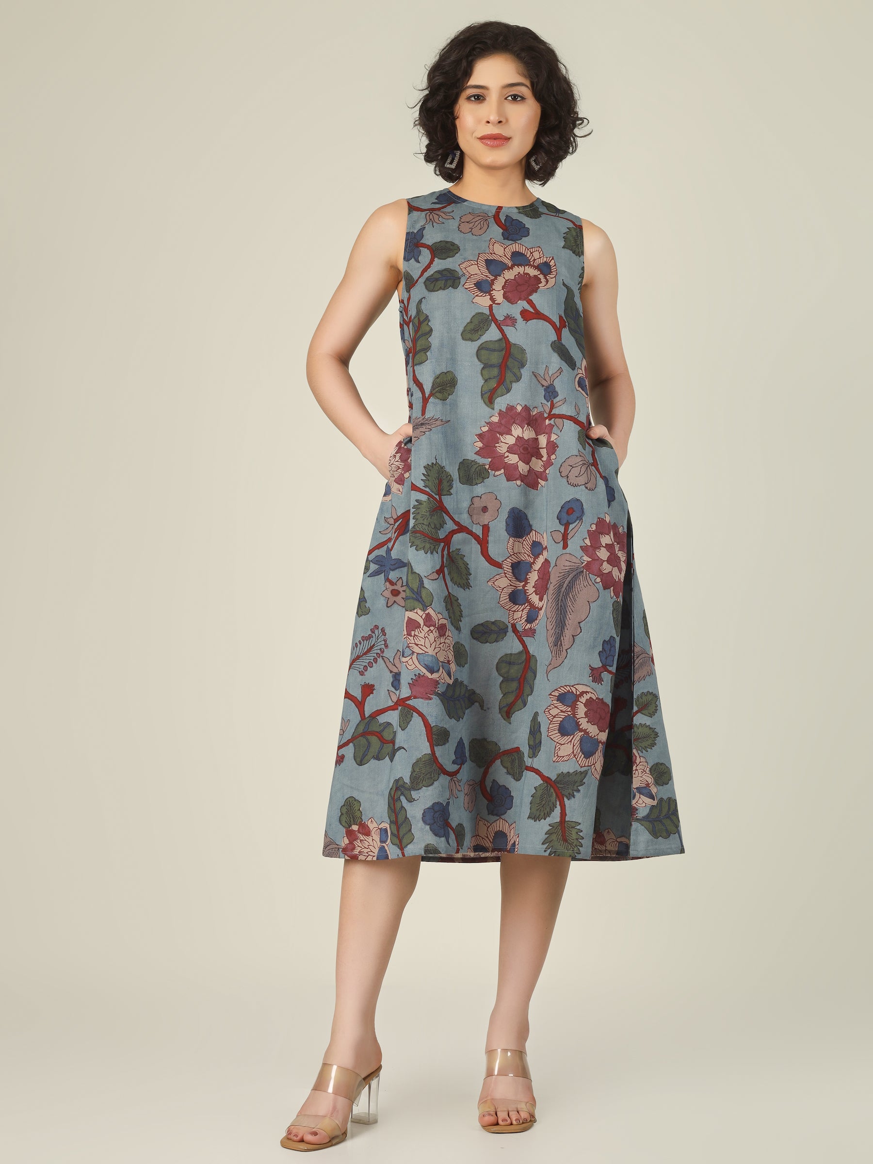 Slate Blue Printed Sleeveless A-Line Cotton Dress
