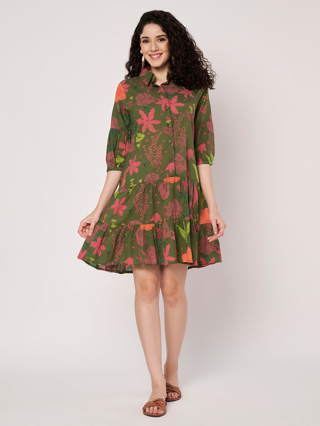Green Printed Short Cotton Dress