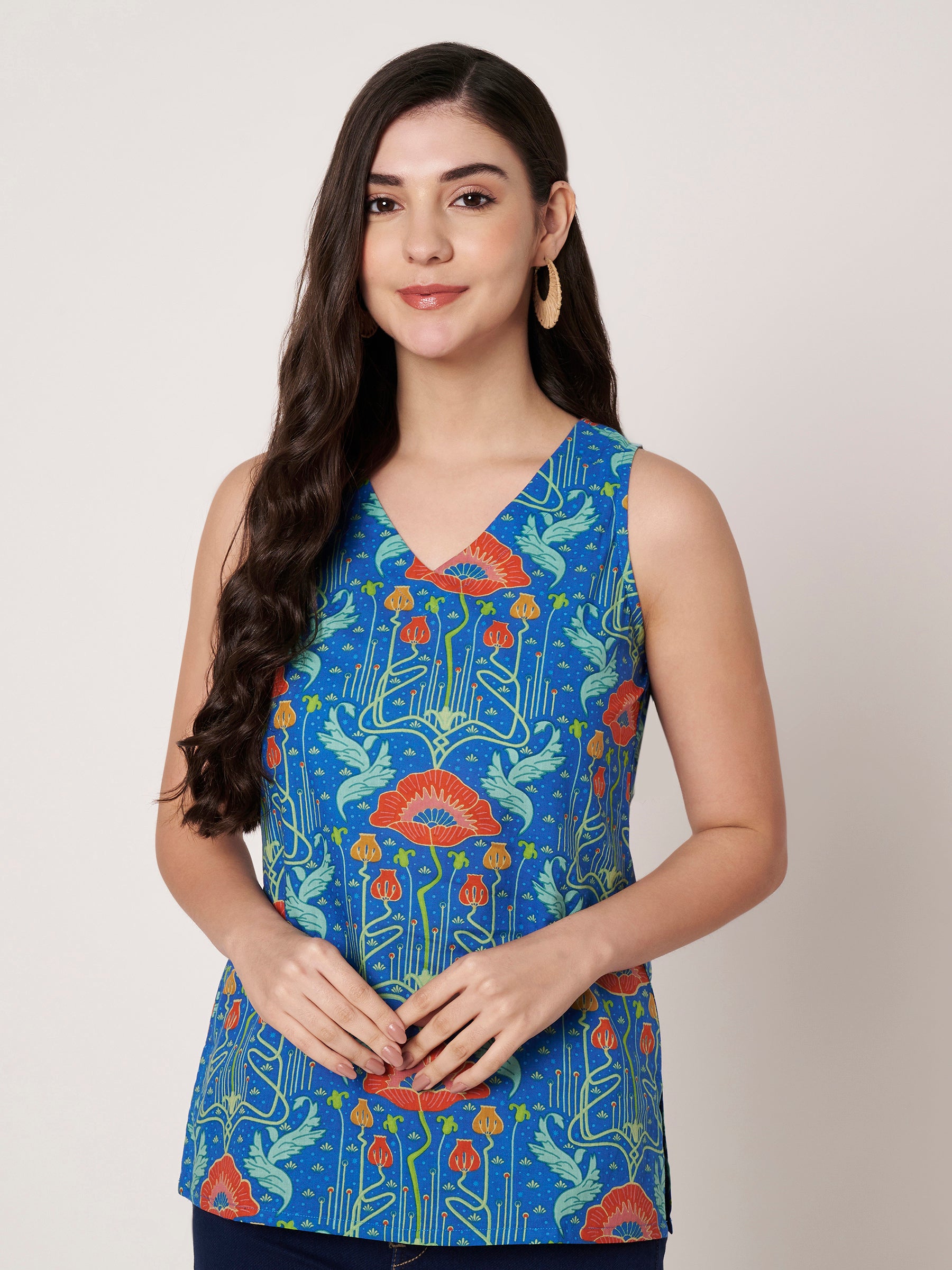 Blue Printed Sleeveless V-Neck Cotton Top