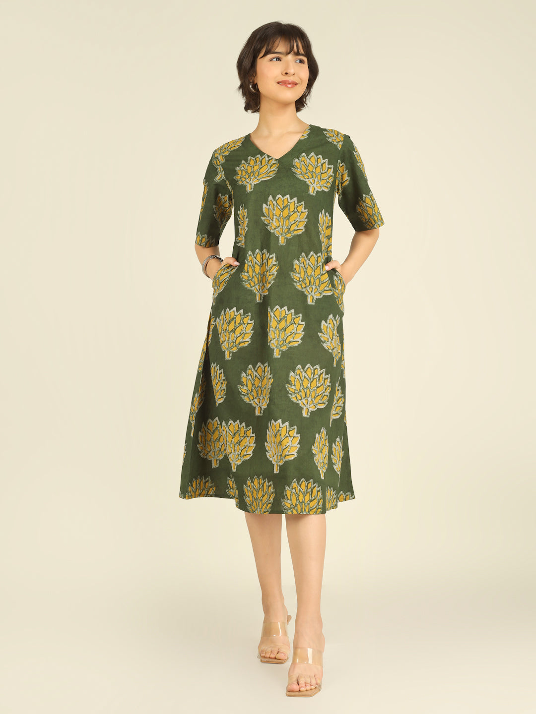 Green Printed Half-Sleeve A-Line Cotton Dress