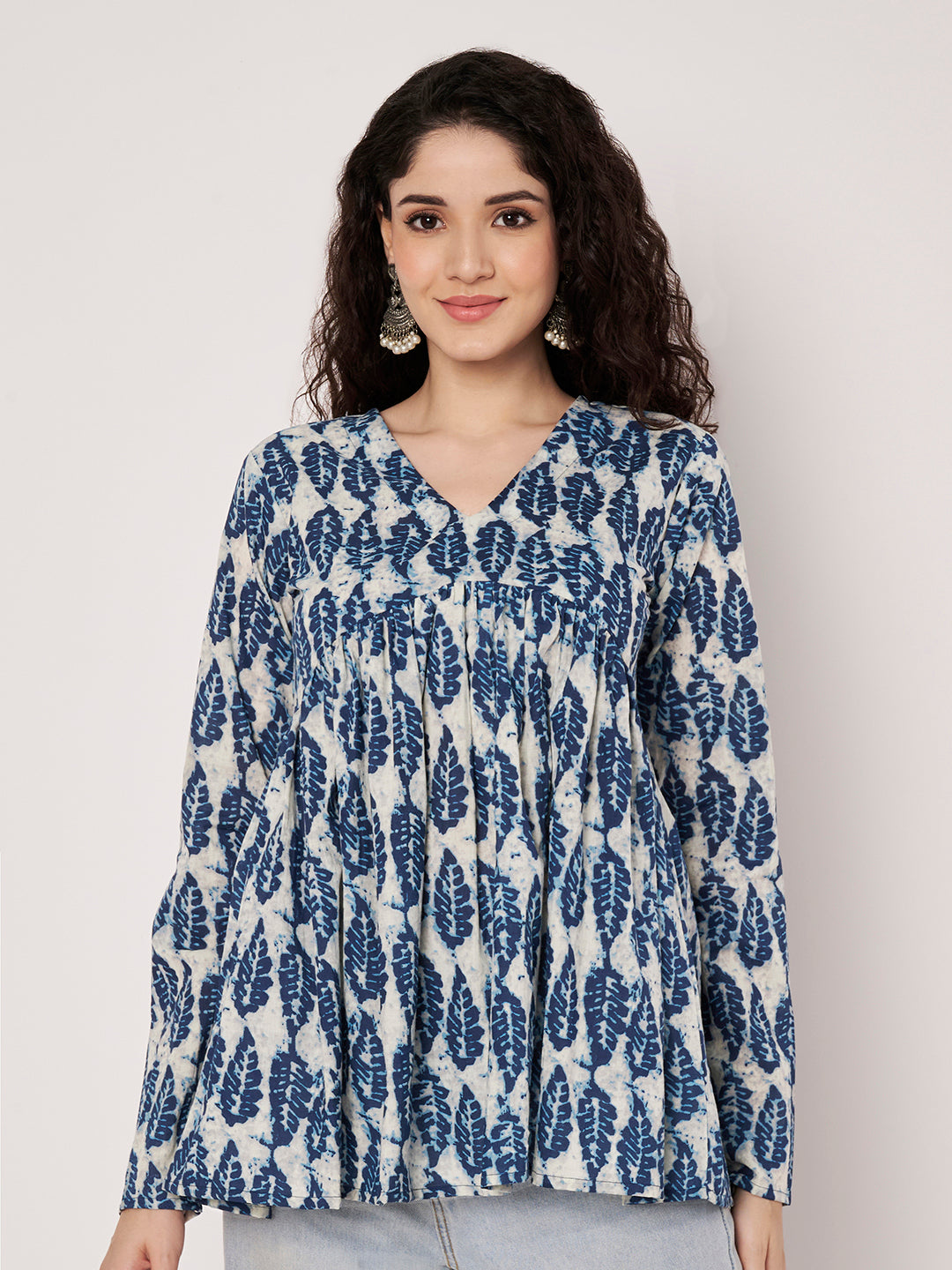 White & Blue Printed Alia-Cut Cotton Top