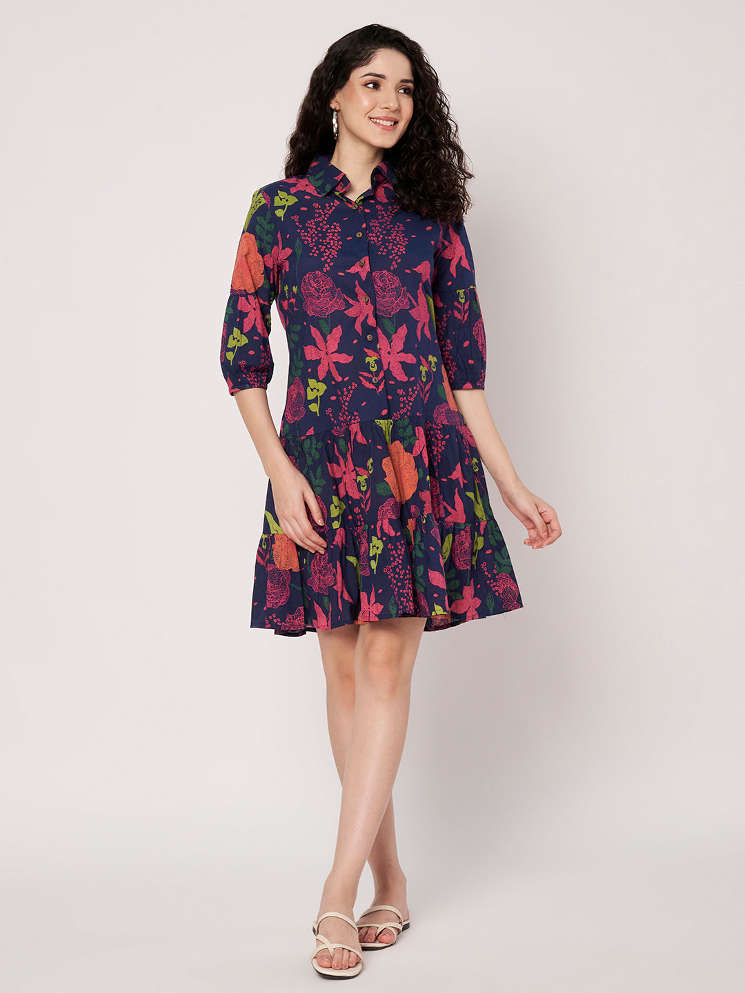 Blue Printed Short Cotton Dress