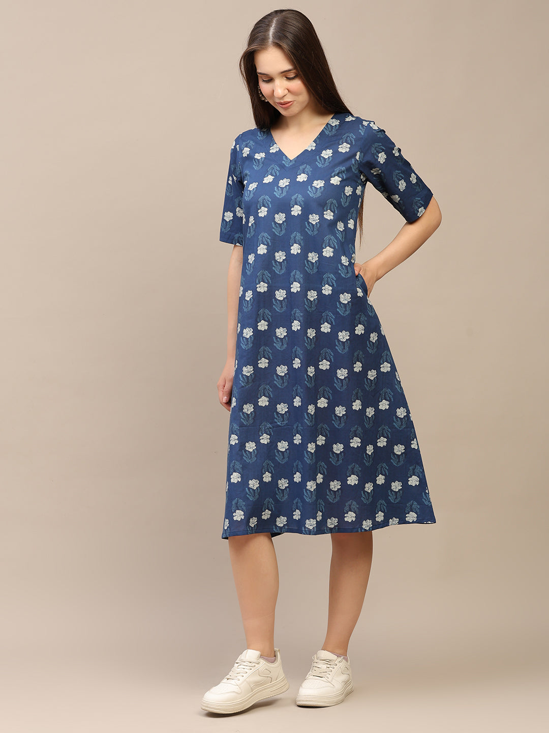 Blue Printed Half-Sleeve A-Line Cotton Dress