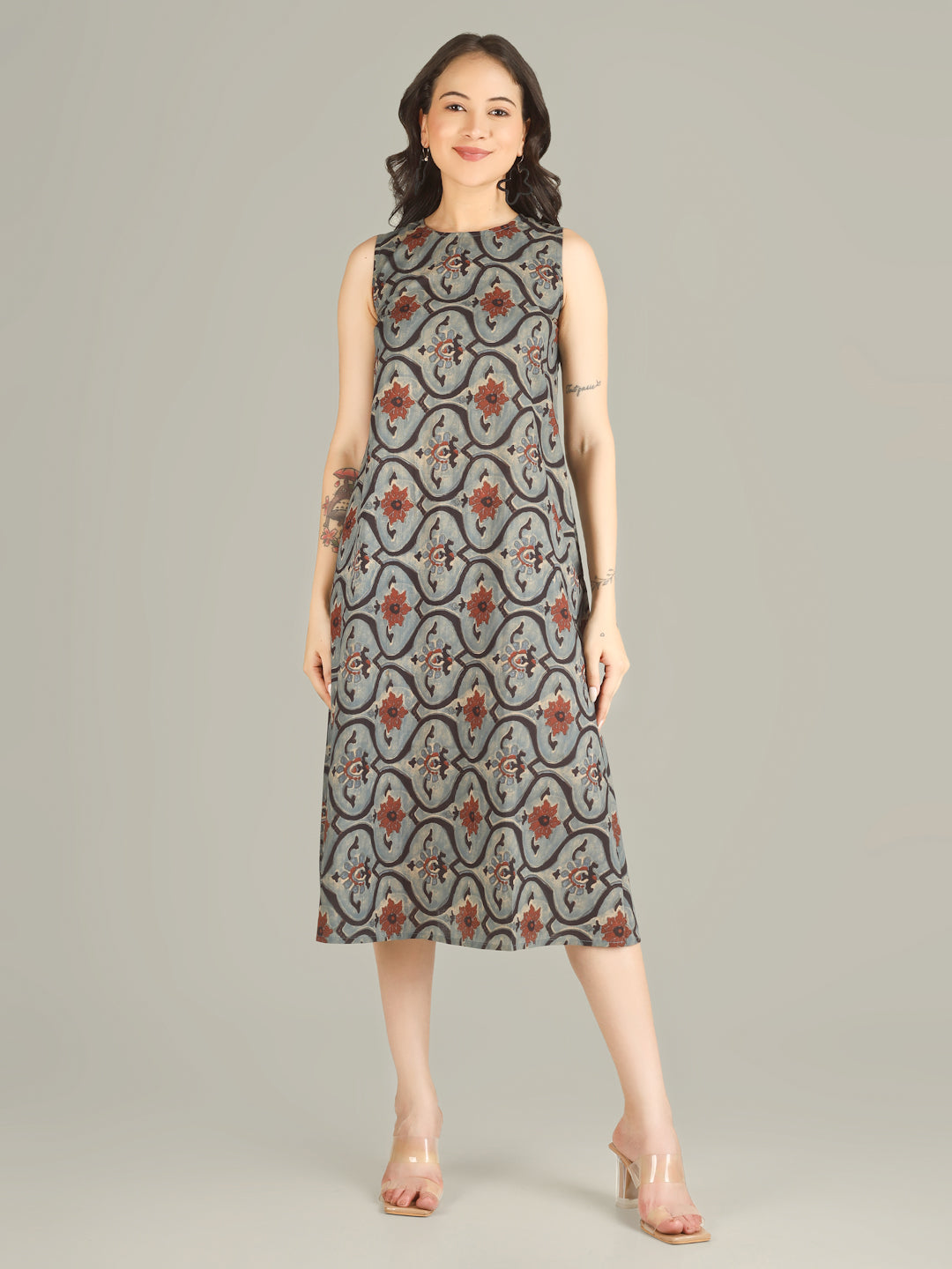 Dusty Blue Printed Sleeveless A-Line Cotton Dress