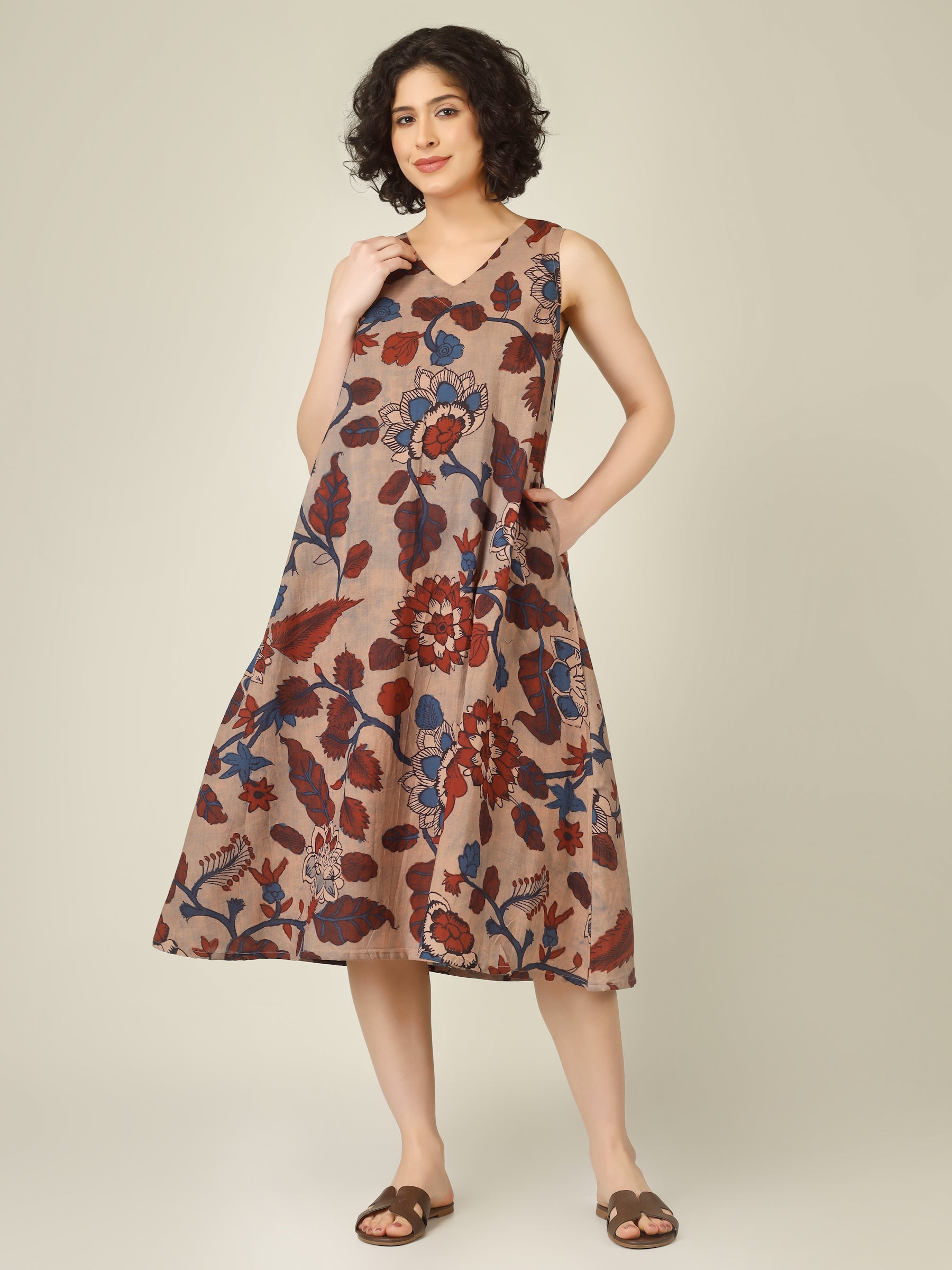 Beige Printed V-Neck Sleeveless A-Line Cotton Dress
