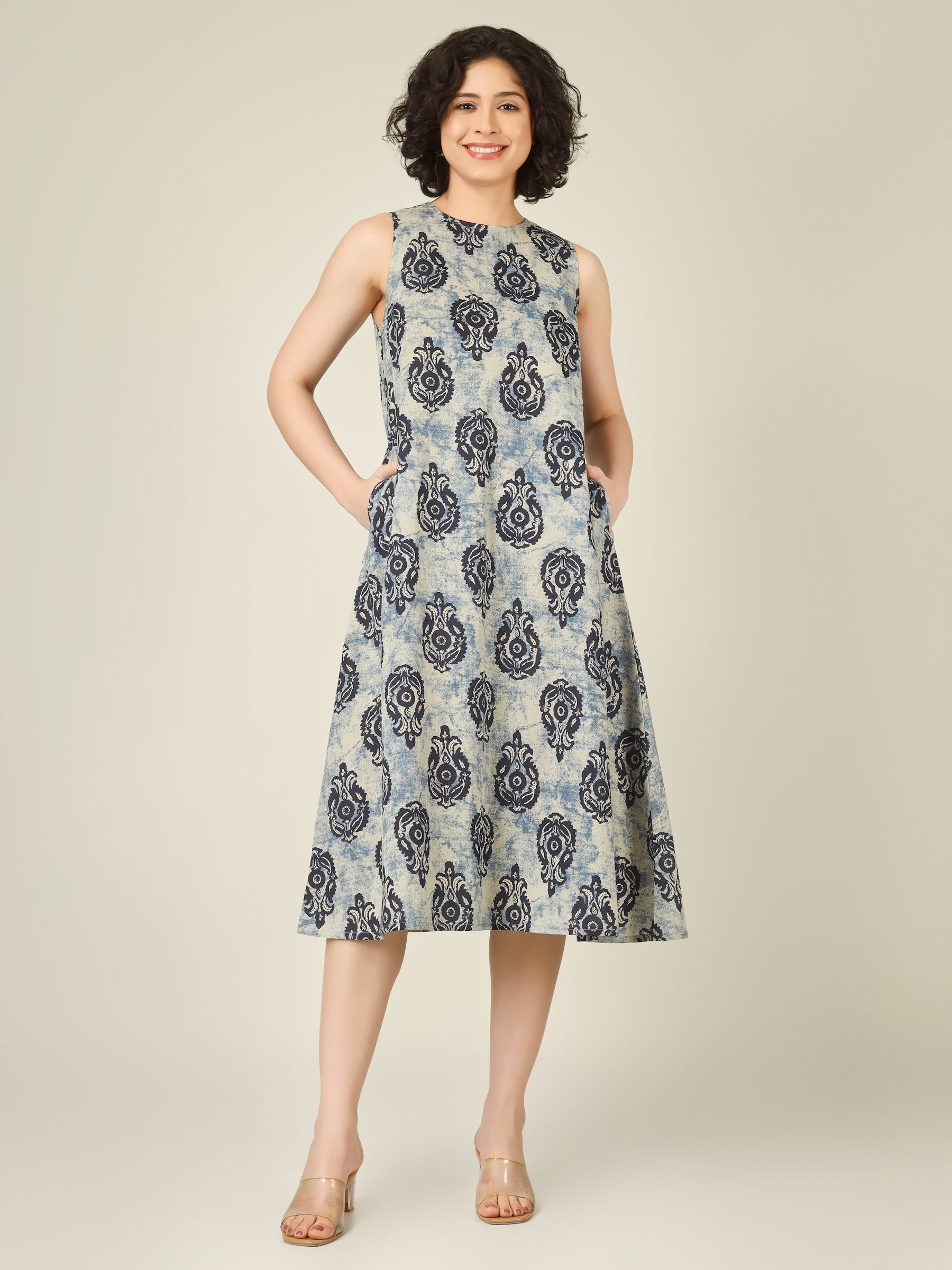 Off-Blue Printed Sleeveless A-Line Cotton Dress