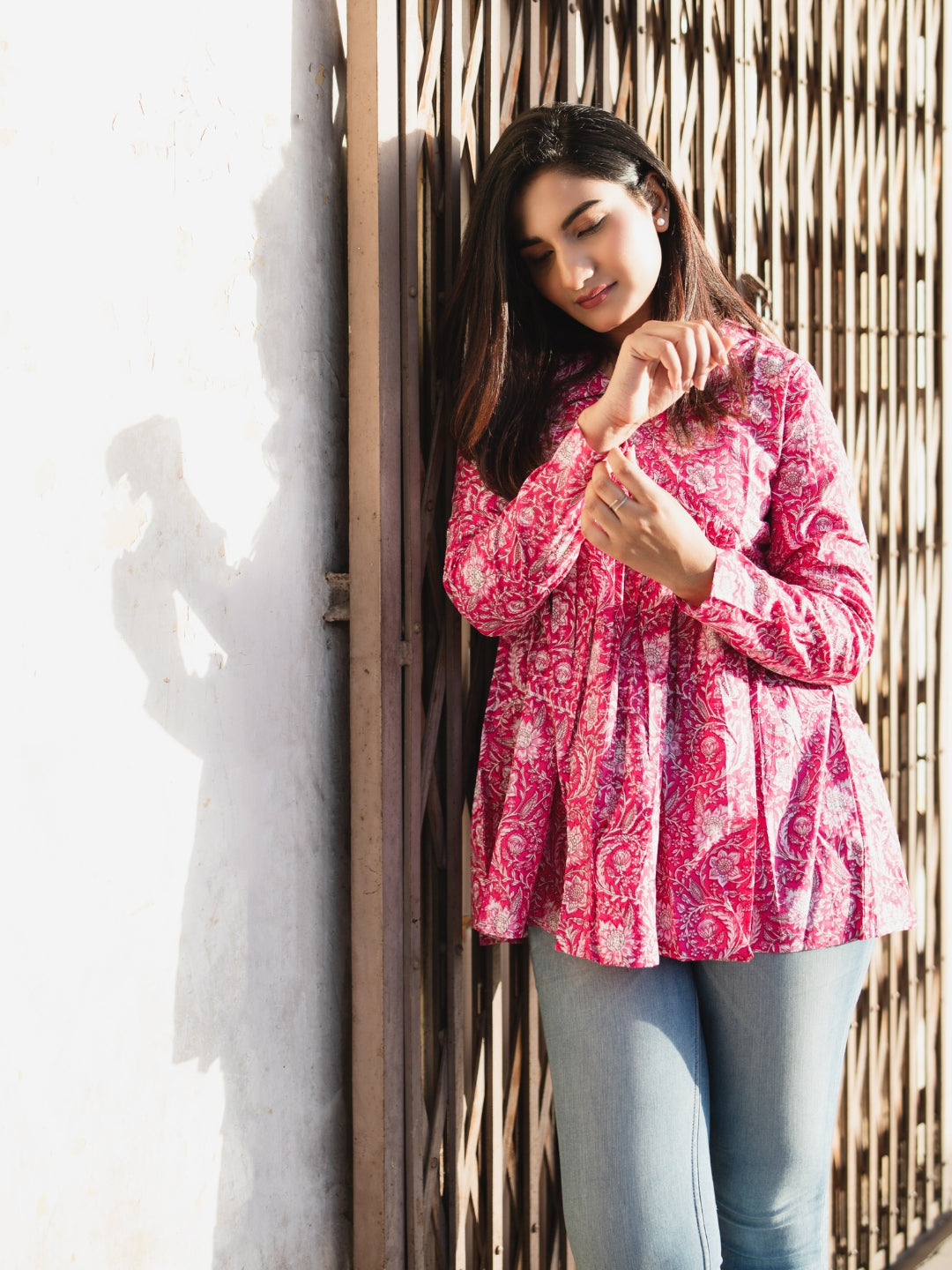 Pink Printed Full Sleeves Alia Cut Cotton Top