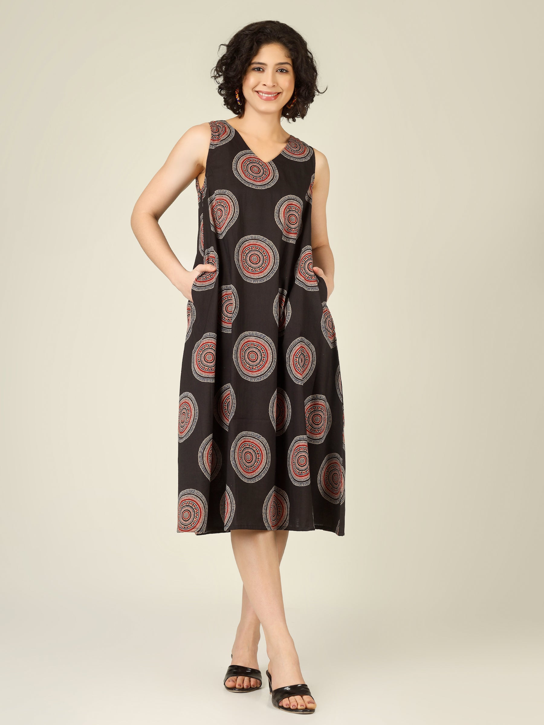 Black Printed V-Neck Sleeveless A-Line Cotton Dress