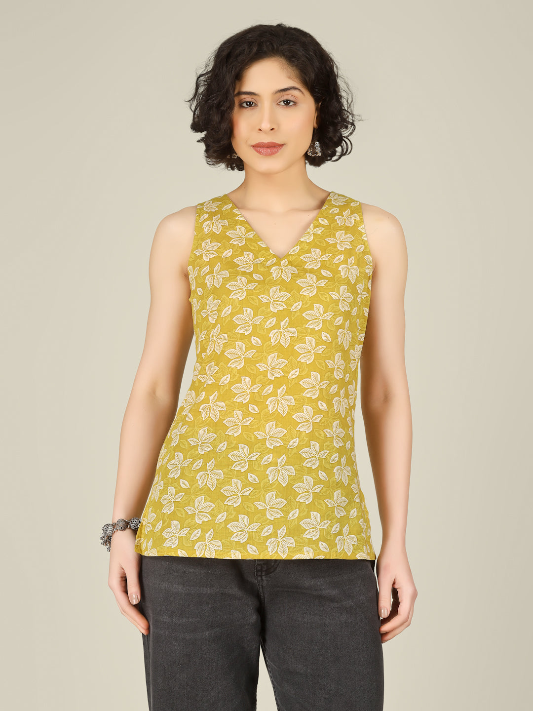 Yellow Printed Sleeveless V-Neck Cotton Top
