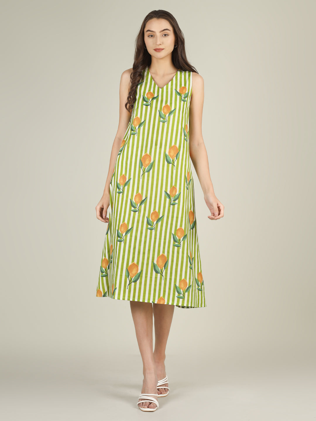 Green Striped V-Neck Sleeveless A-Line Cotton Dress