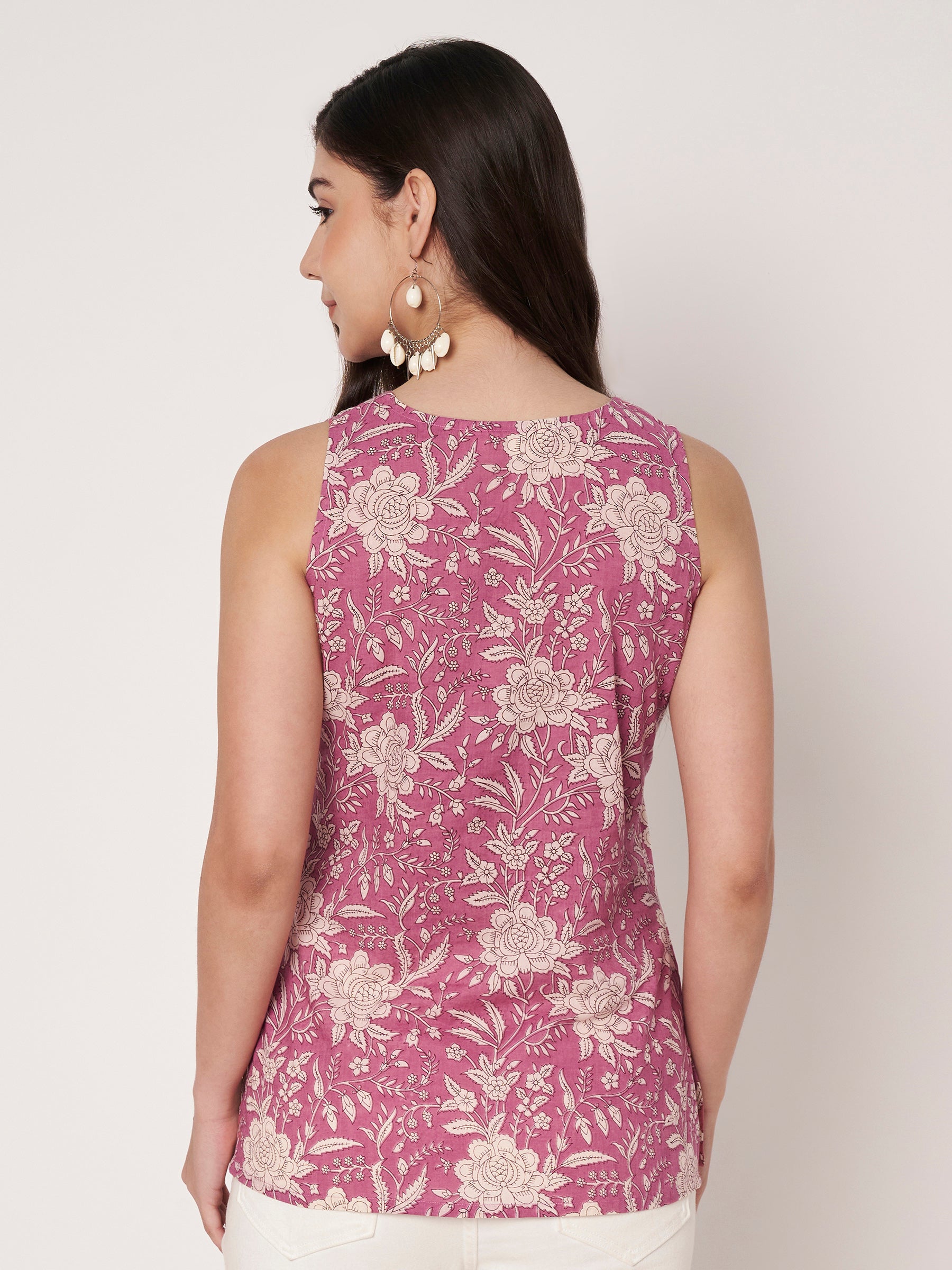 Pink Printed Sleeveless V-Neck Cotton Top