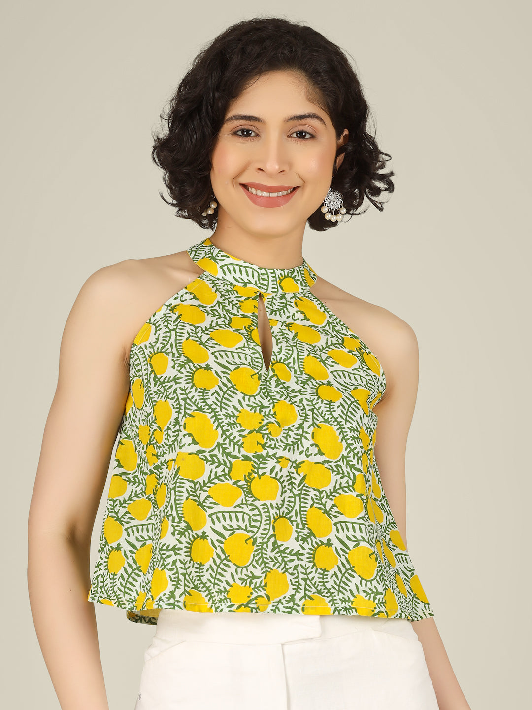 White Printed Halter Neck Sleeveless Cotton Top