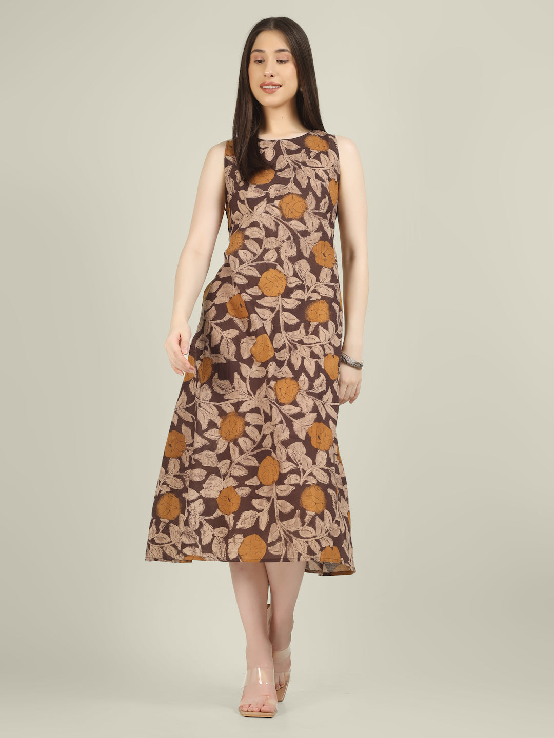 Brown Printed Sleeveless A-Line Cotton Dress