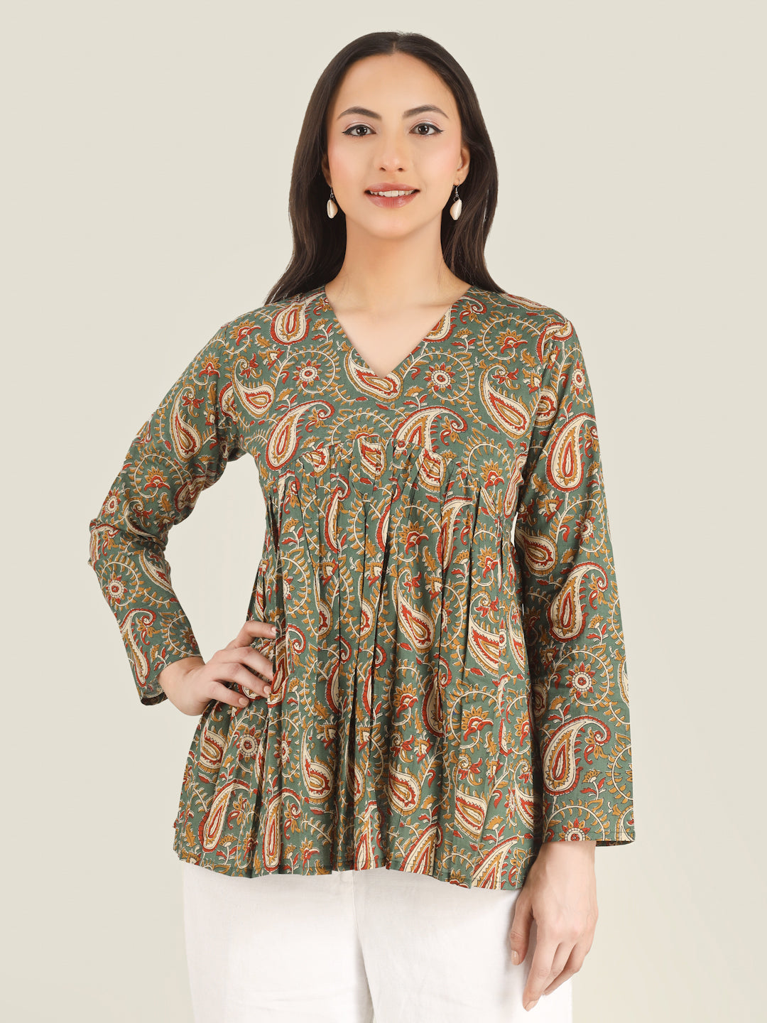 Green Printed Full-Sleeves Alia-Cut Cotton Top