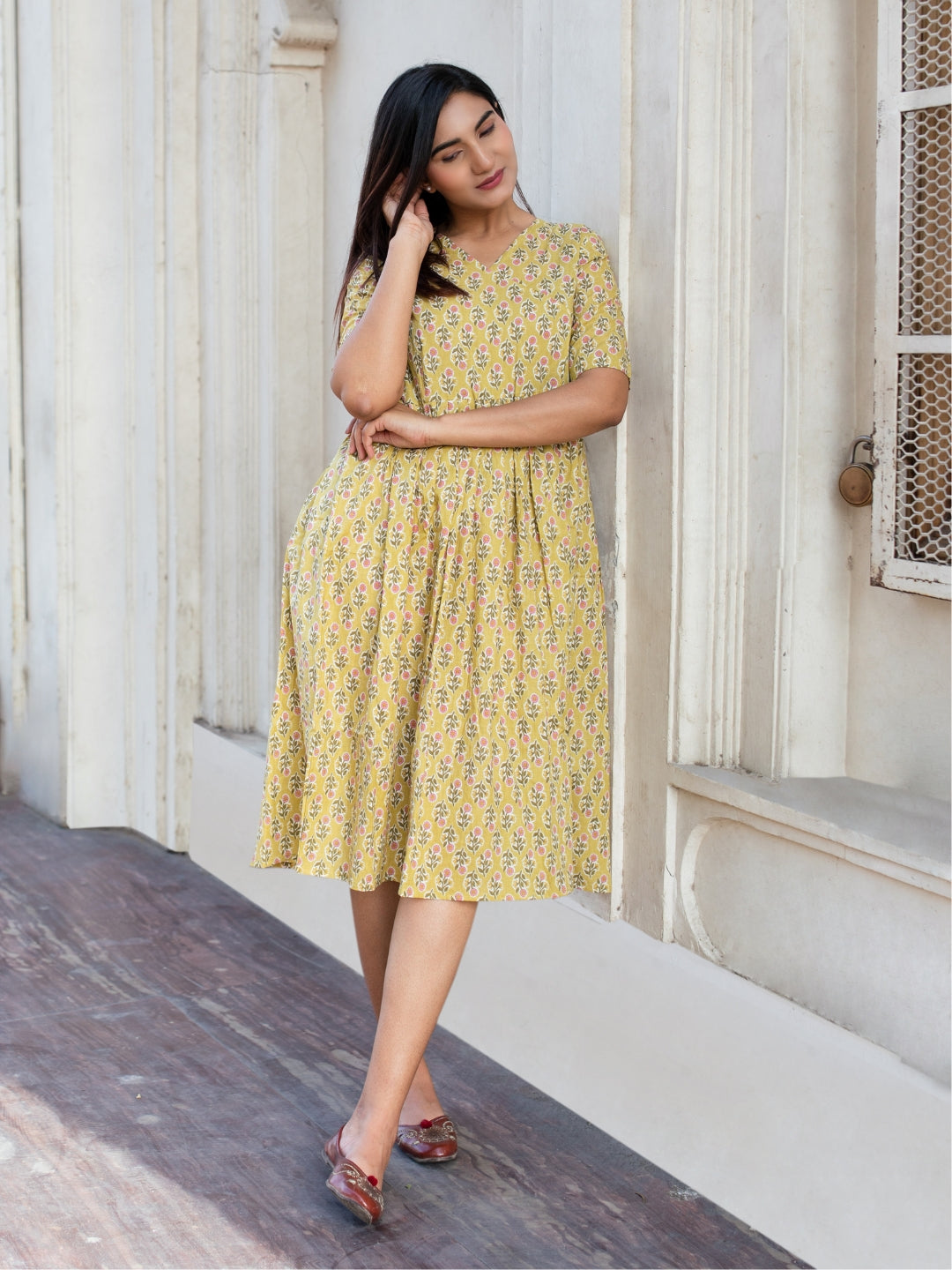 Yellow Printed Flared Cotton Dress