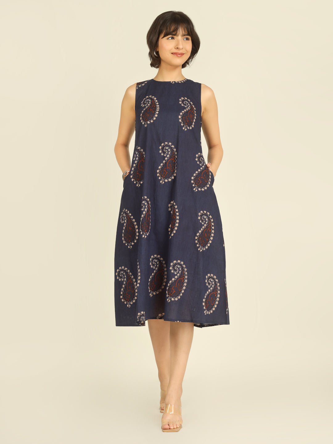 Navy Blue Printed Sleeveless A-Line Cotton Dress