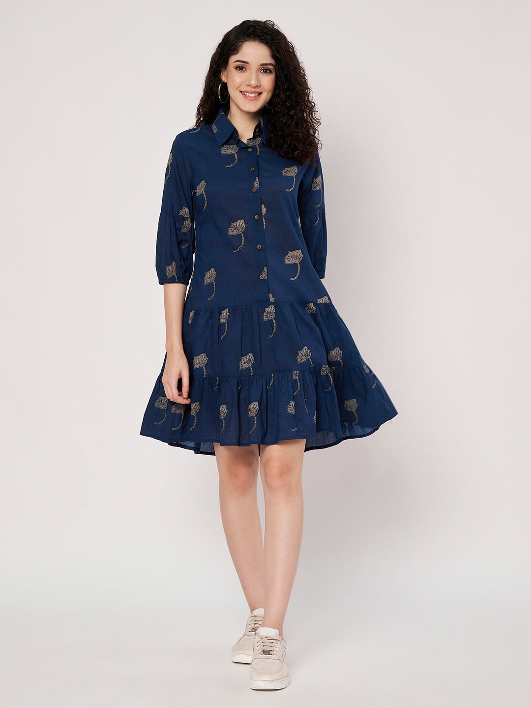 Navy Blue Printed Short Cotton Dress
