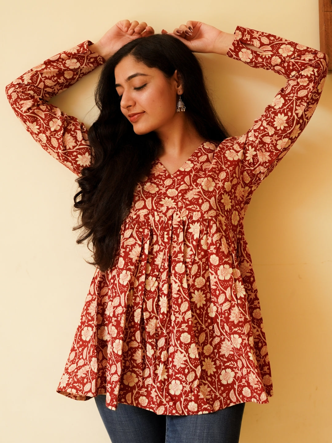 Maroon Printed Full Sleeves Alia Cut Cotton Top