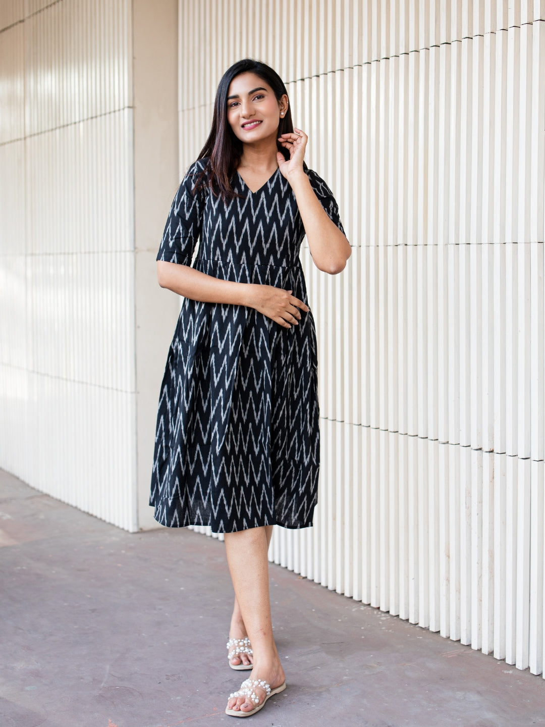 Handloom Cotton Black Ikkat Dress