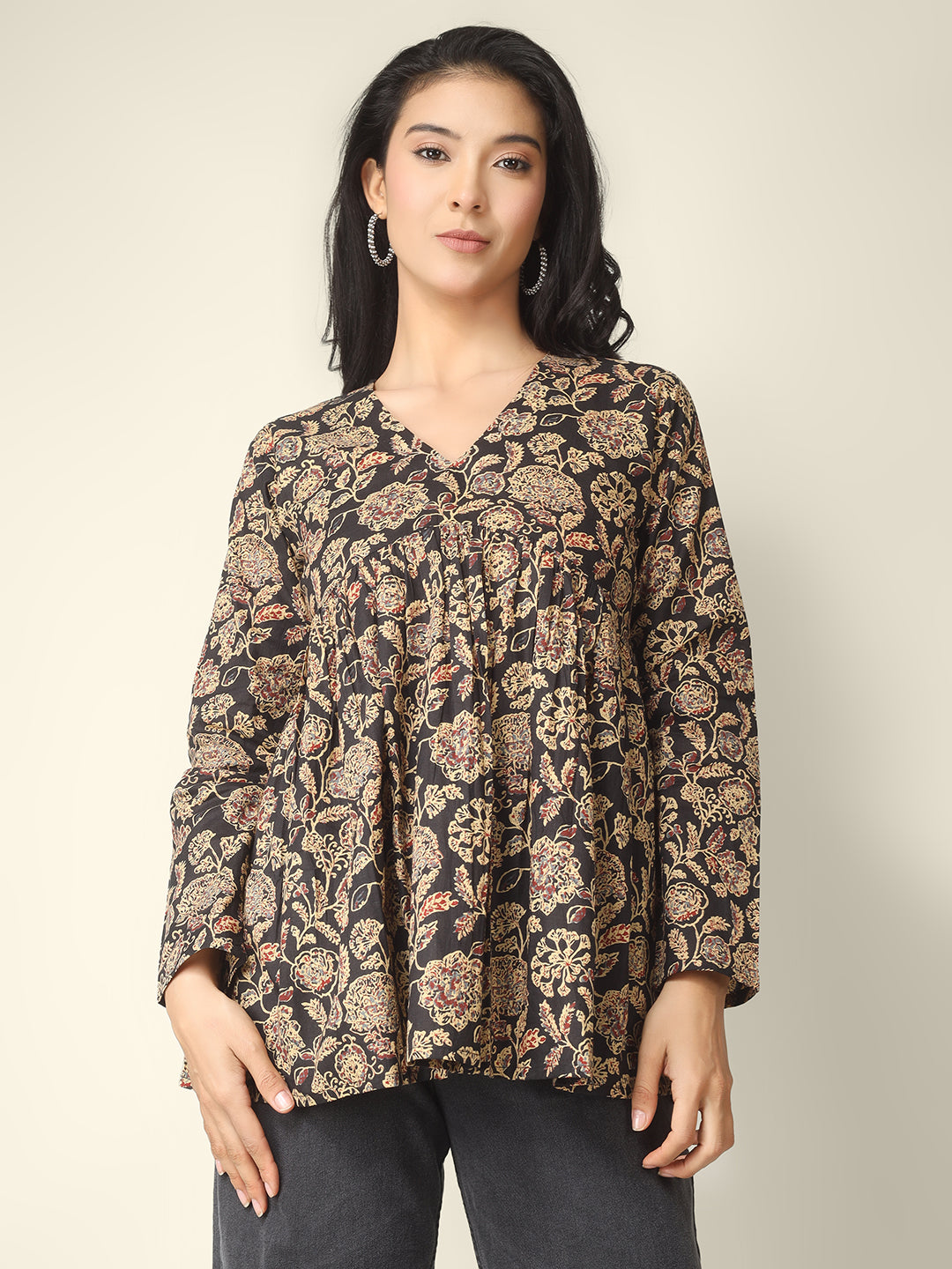 Black Printed Alia-Cut Cotton Peplum Top