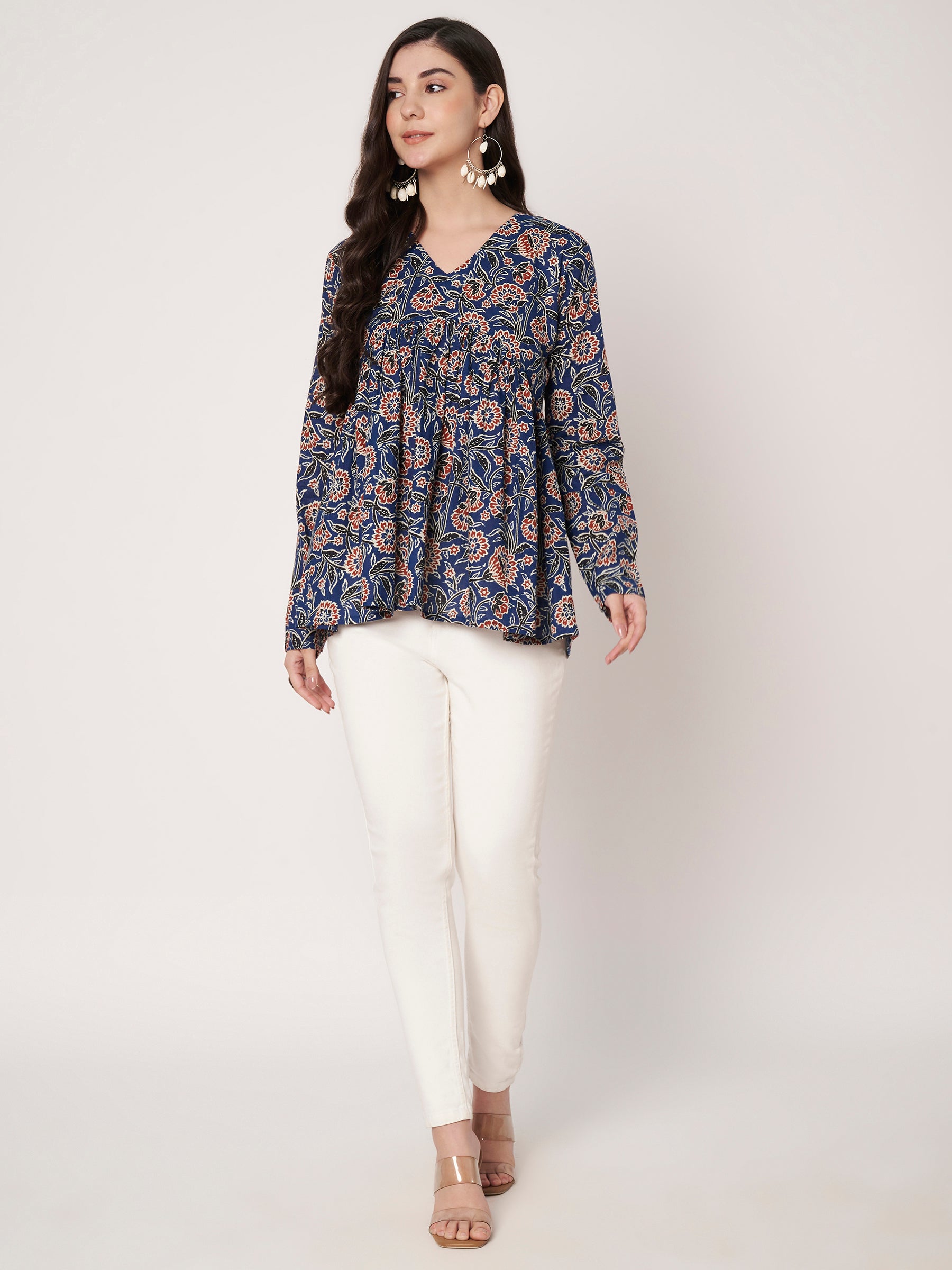 Blue Printed Alia-Cut Cotton Top