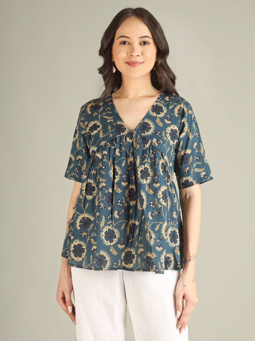 Teal Blue Printed Half-Sleeve Alia-Cut Cotton Top