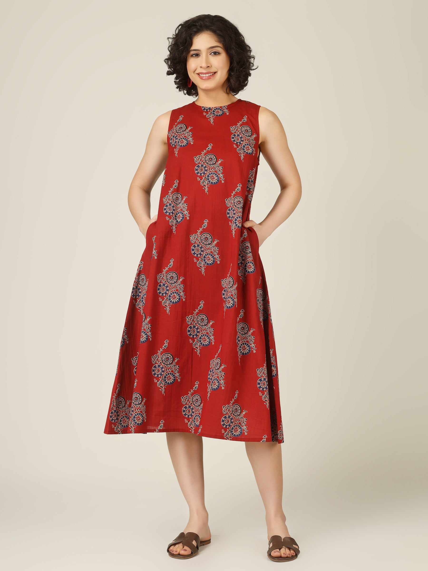 Red Printed Sleeveless A-Line Cotton Dress
