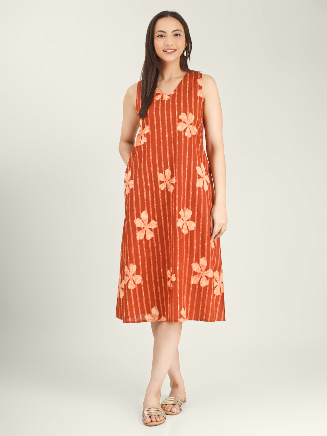 Orange Printed Sleeveless V-Neck A-Line Cotton Dress