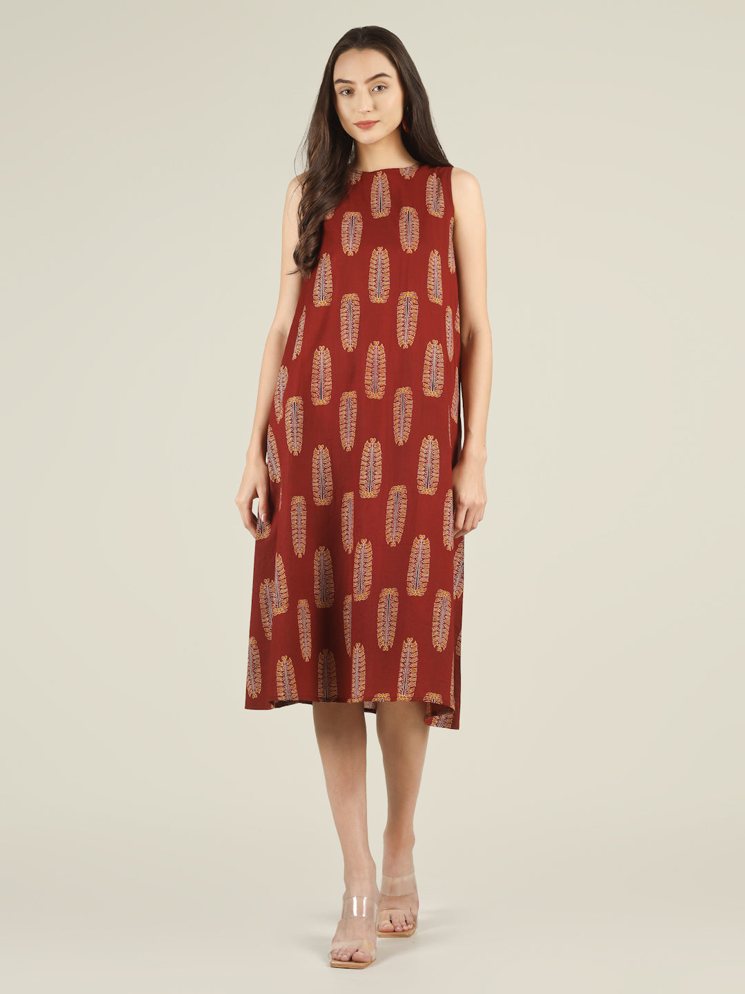 Maroon Printed Sleeveless A-Line Cotton Dress