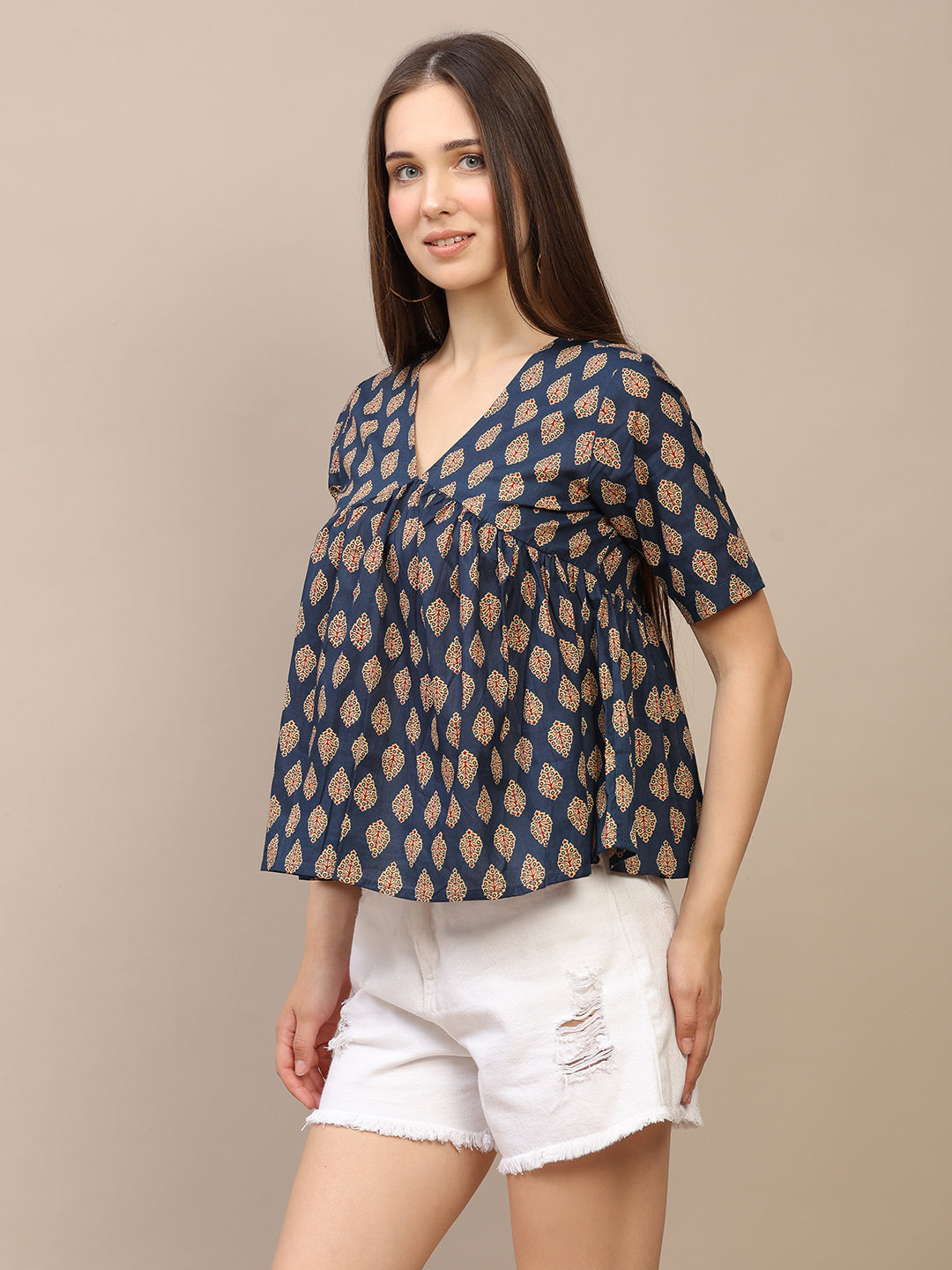 Navy Blue Printed Half-Sleeve Alia-Cut Cotton Top