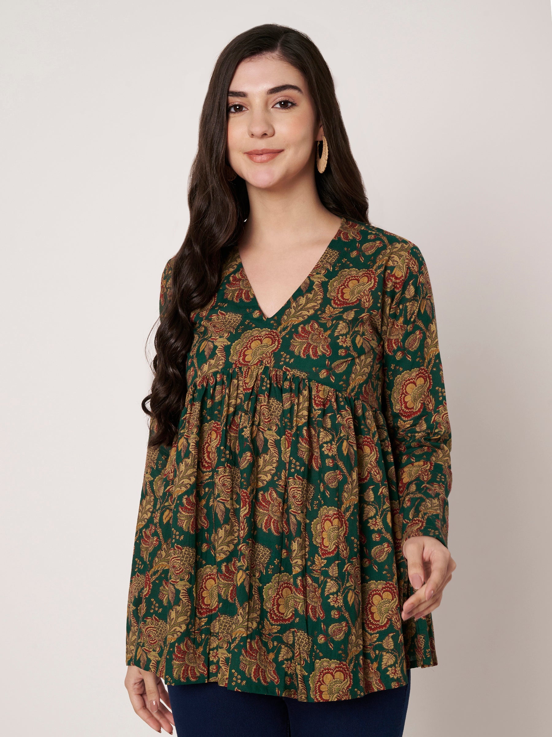 Dark Green Printed Alia-Cut Cotton Top