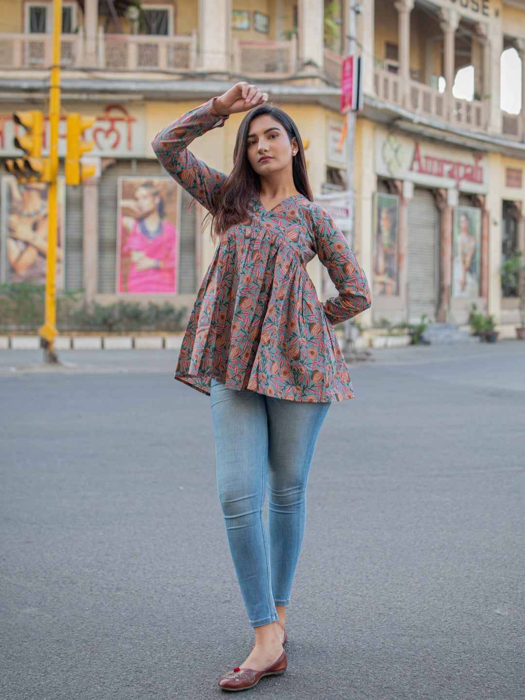Greenish Grey Printed Full Sleeves Alia Cut Cotton Top
