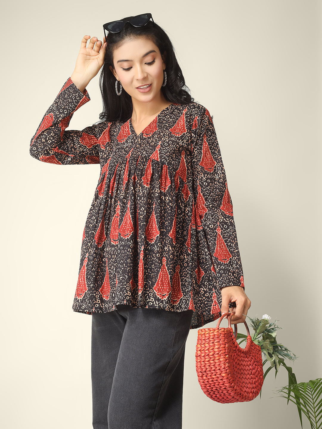 Black Printed Alia-Cut Cotton Peplum Top