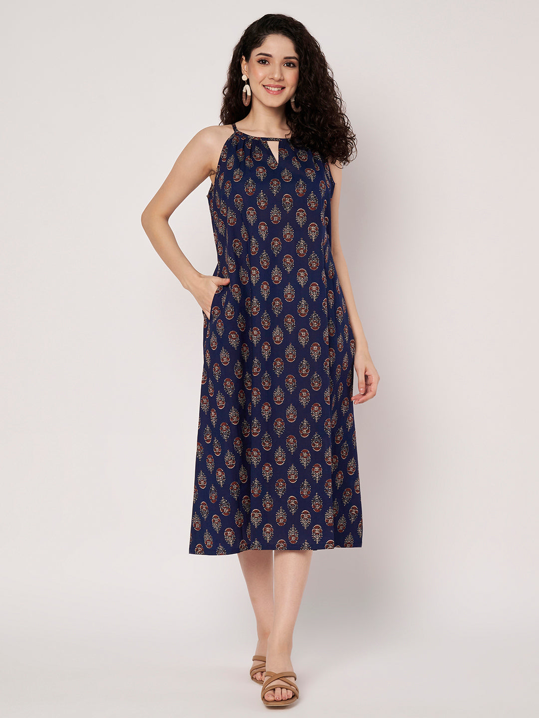 Navy Blue Printed Sleeveless A-Line Cotton Dress