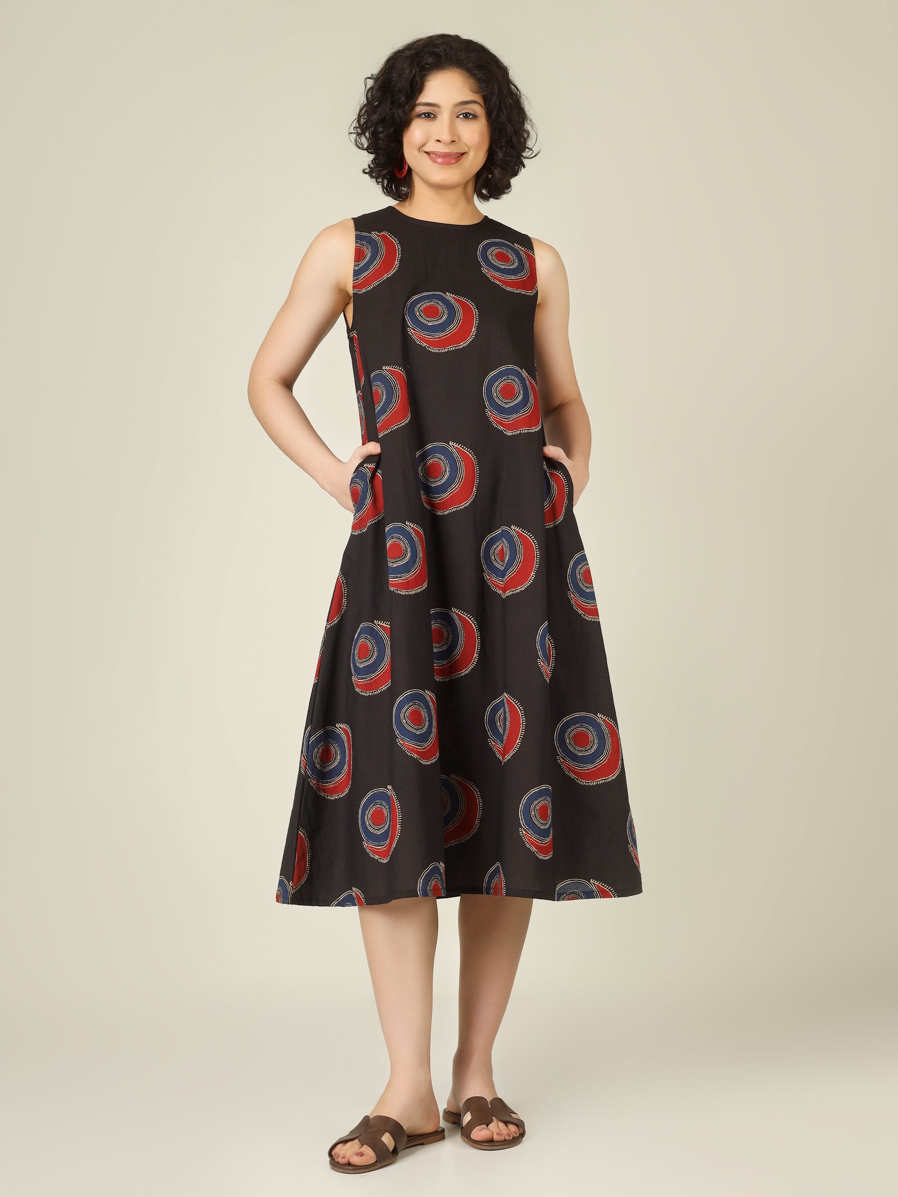 Black Printed Sleeveless A-Line Cotton Dress