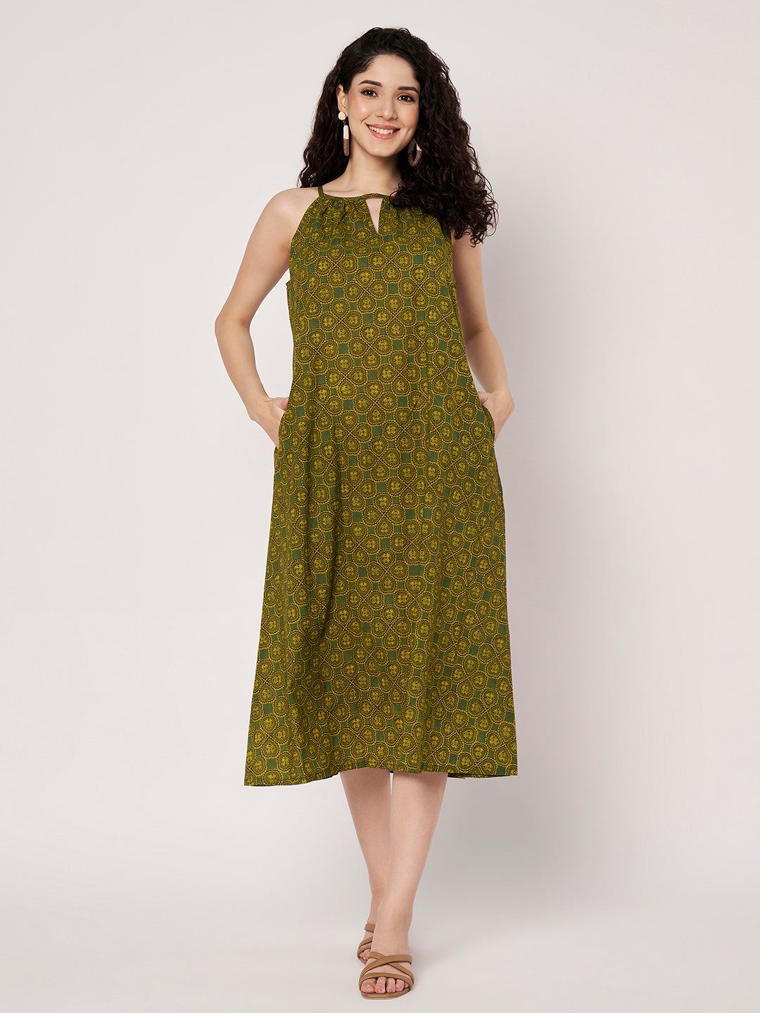 Green Printed Sleeveless A-Line Cotton Dress