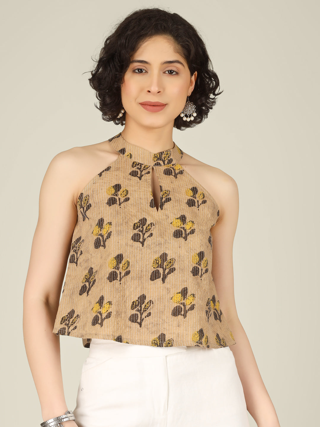 Beige Printed Halter Neck Sleeveless Cotton Top