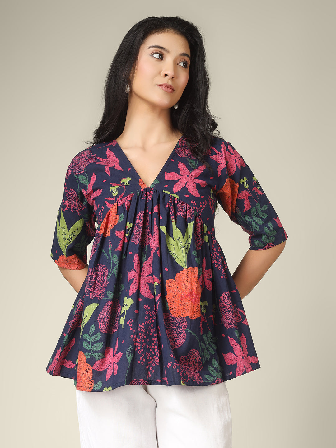 Navy Blue Printed Half-Sleeve Alia-Cut Cotton Peplum Top