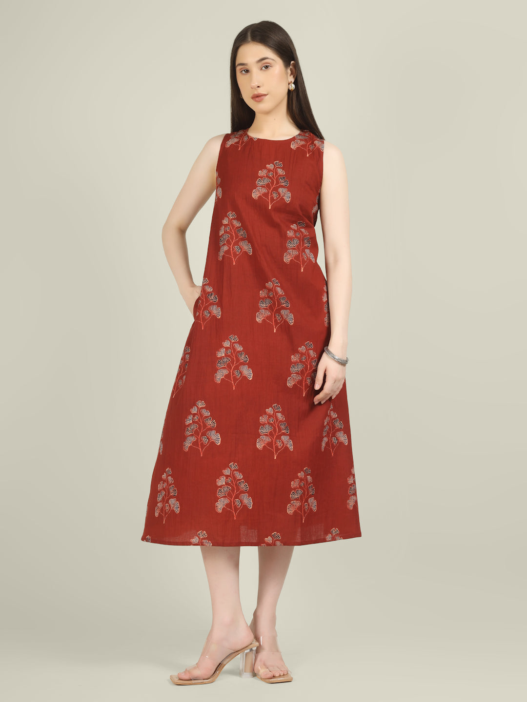 Maroon Printed Sleeveless A-Line Cotton Dress