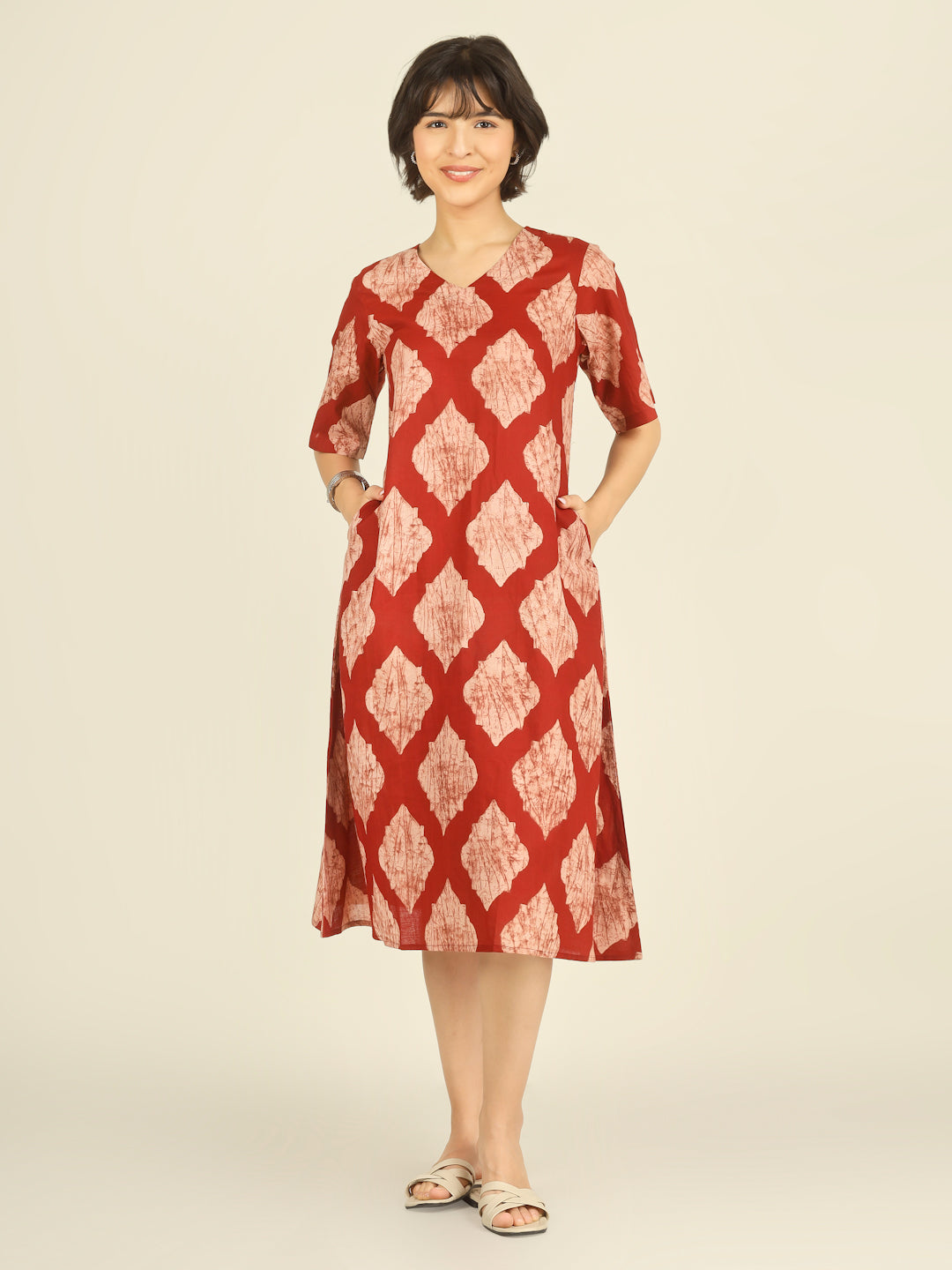 Red Printed Half-Sleeve A-Line Cotton Dress