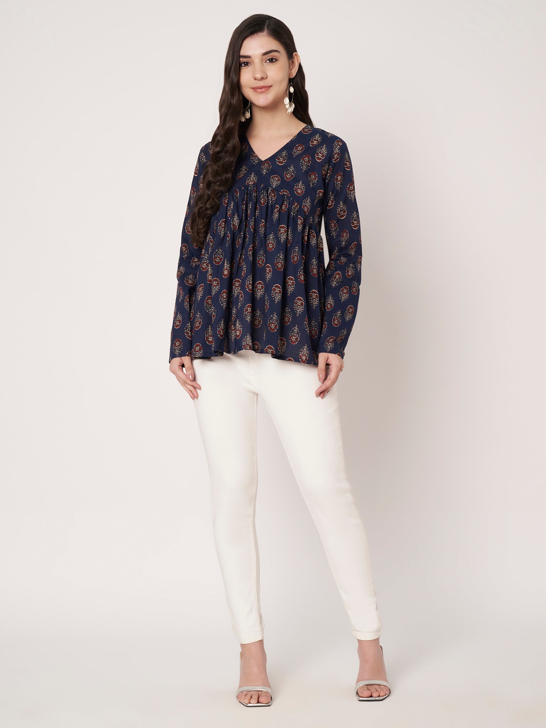 Navy Blue Printed Alia-Cut Cotton Top
