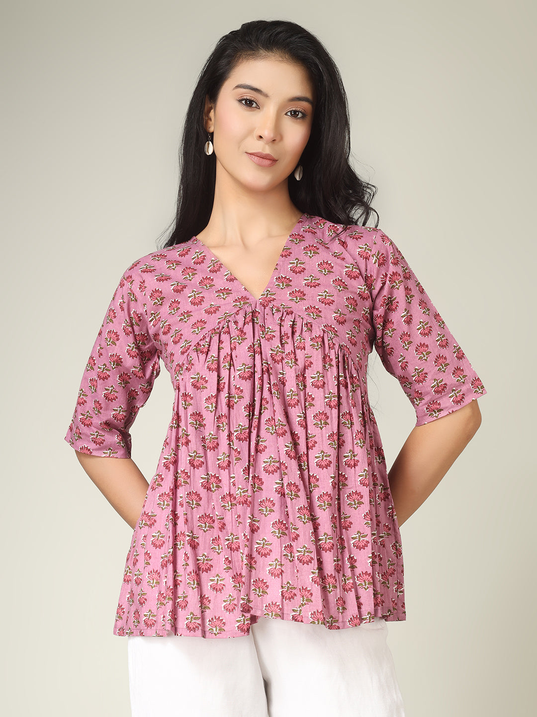Pink Printed Half-Sleeve Alia-Cut Cotton Peplum Top