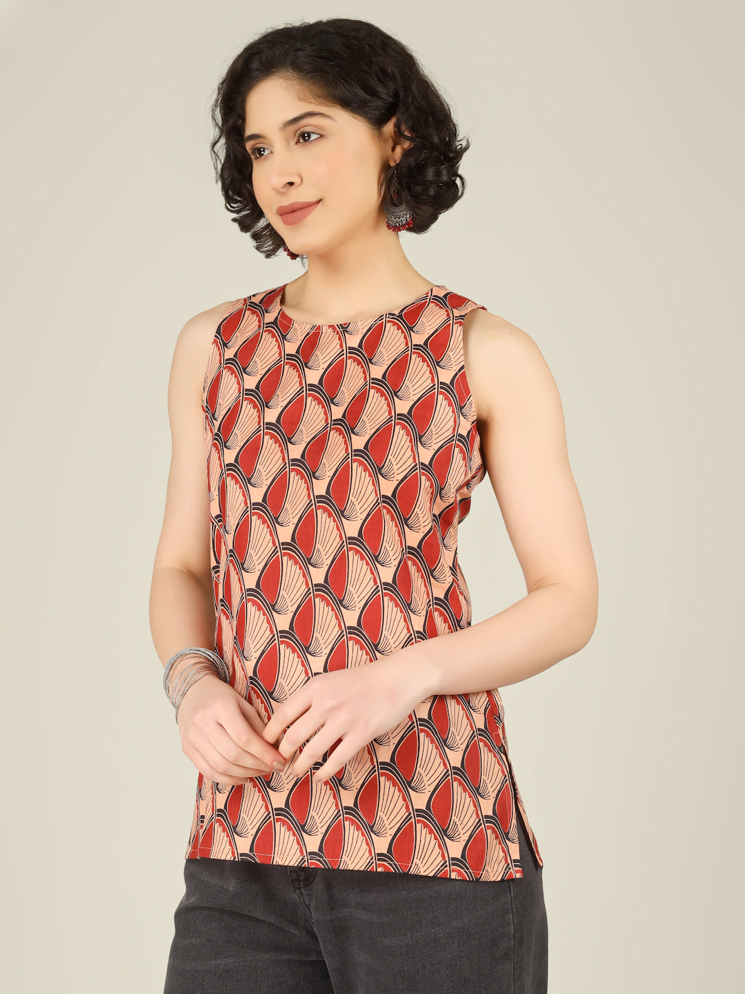 Red Printed Round Neck Sleeveless Cotton Top